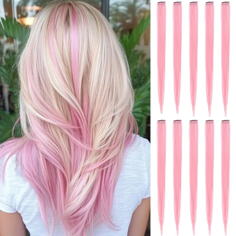 10Pcs Pink Clip in Hair Extensions Party Highlights Wig Synthetic Colored Straight Hairpiece for Girls Kids Christmas Party Use — image 9