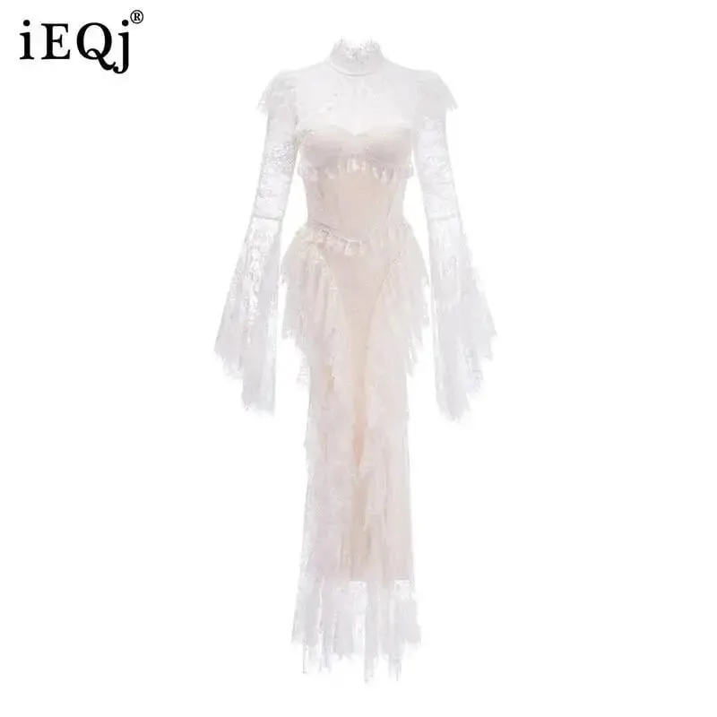 Summer Stand Collar Lace Tassel Hollow Out Flare Sleeve Dress Women Boned Waist Tiered Mermaid Dresses New 3A2709 — image 2