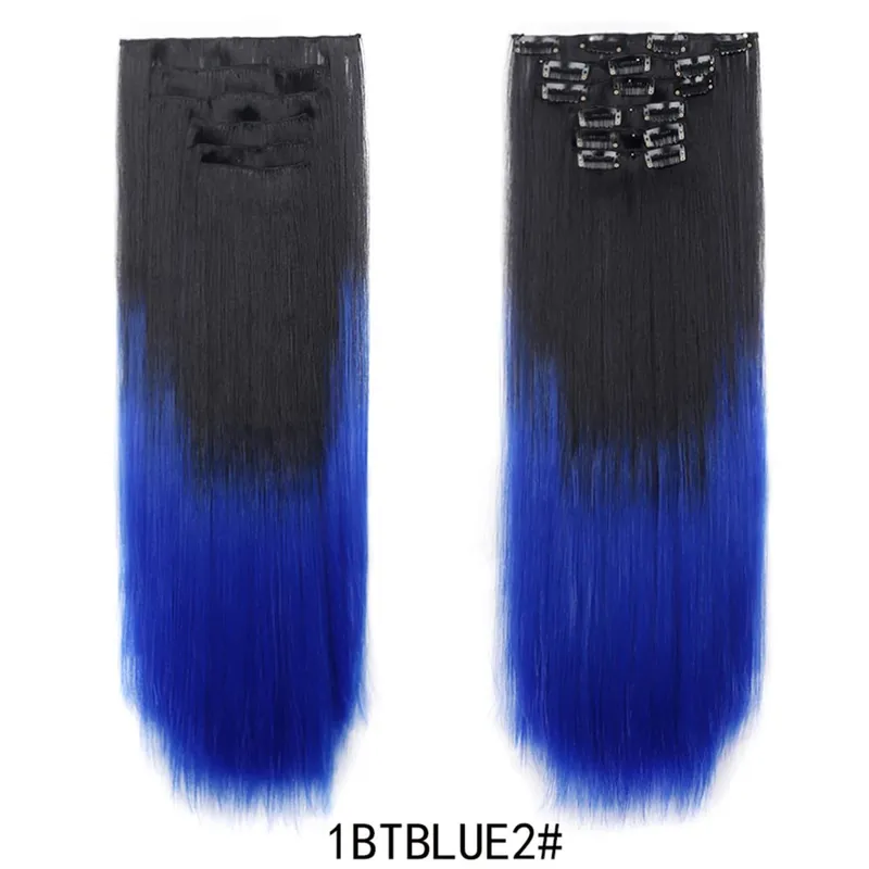 6PCS/Set Clip In Hair Extensions Long Straight Hair Full Head Ombre Gradient Color Synthetic Hairpiece For Women Daily Use