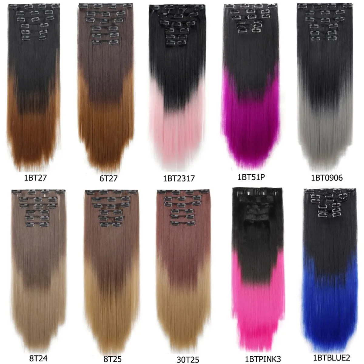6PCS/Set Clip In Hair Extensions Long Straight Hair Full Head Ombre Gradient Color Synthetic Hairpiece For Women Daily Use