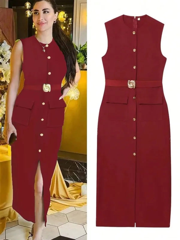 Sleeveless Button Down Ashirtdress with Belt Solid Color Front Slit Elegant for Office Party Dresses Luxury 2025 Ashirtwaister — image 2