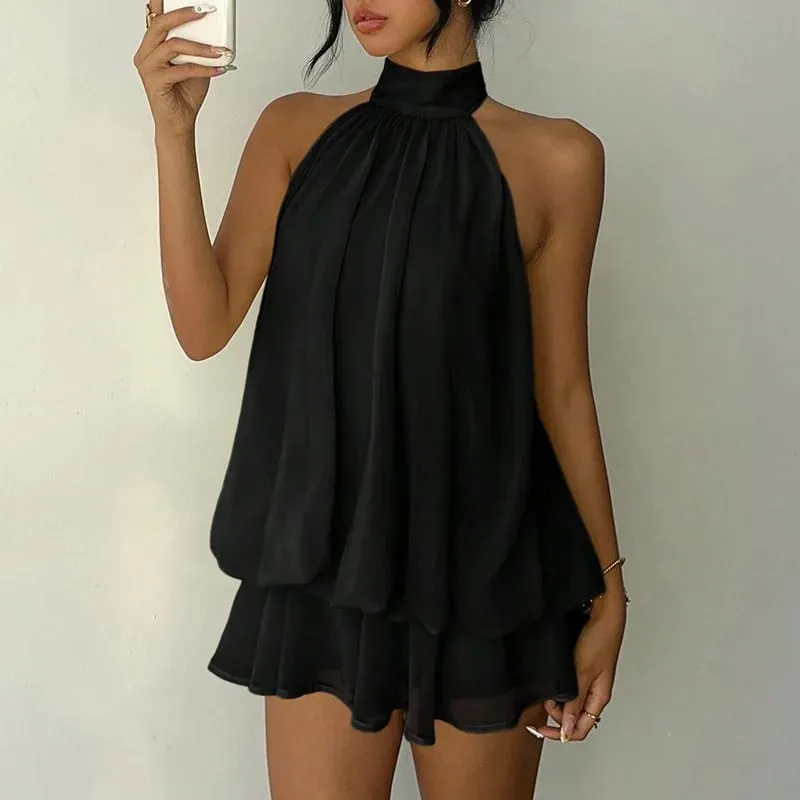 French Style Solid Color Halter Dress Women Sleeveless Off Shoulder Backless A Line Mini Dress Spicy Girl Beach Vacation Dresses — image 8