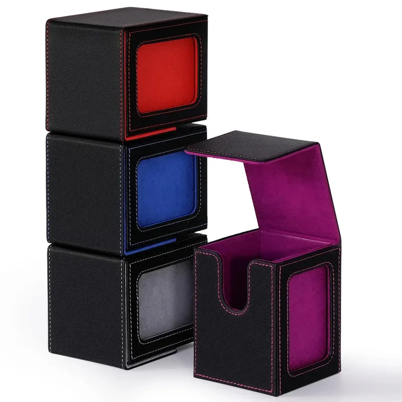 4 Pack Card Deck Box with Display Window Hold 120+ Single Sleeved Cards Magnetic Closure PU Leather Card Box for TCG Cards