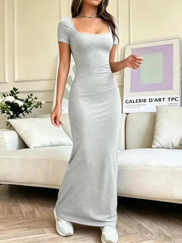 Women Square Neck Short Sleeve Maxi Dress Stretch Knit Bodycon Solid Color Slim Fit Long Casual Party Dresses — image 1