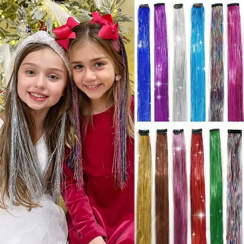 2PCS Synthetic Hair Tinsel Clip in Extensions Colored Sparkle Hair Tinsel Kit with BB Clip for Kids Girls Christmas Party Use — image 2