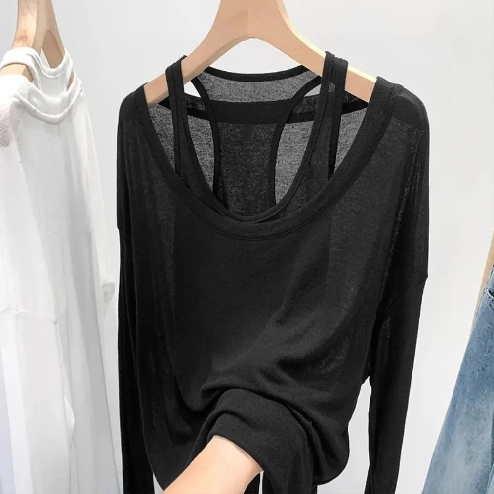 New Loose Fit Long Sleeve Tops Set Casual Sun Protective Two Piece Set Thin Sun Protection Cover Up Women