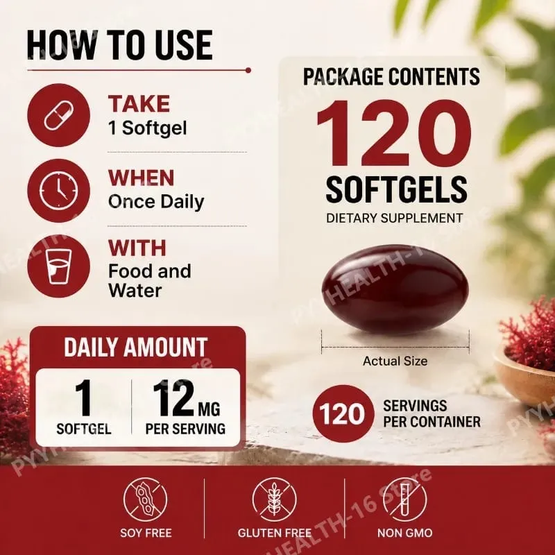 Astaxanthin Softgels 12 Mg From Microalgae Triple Strength Antioxidant Support for Skin Aging Eye Health 120 Softgels — image 4