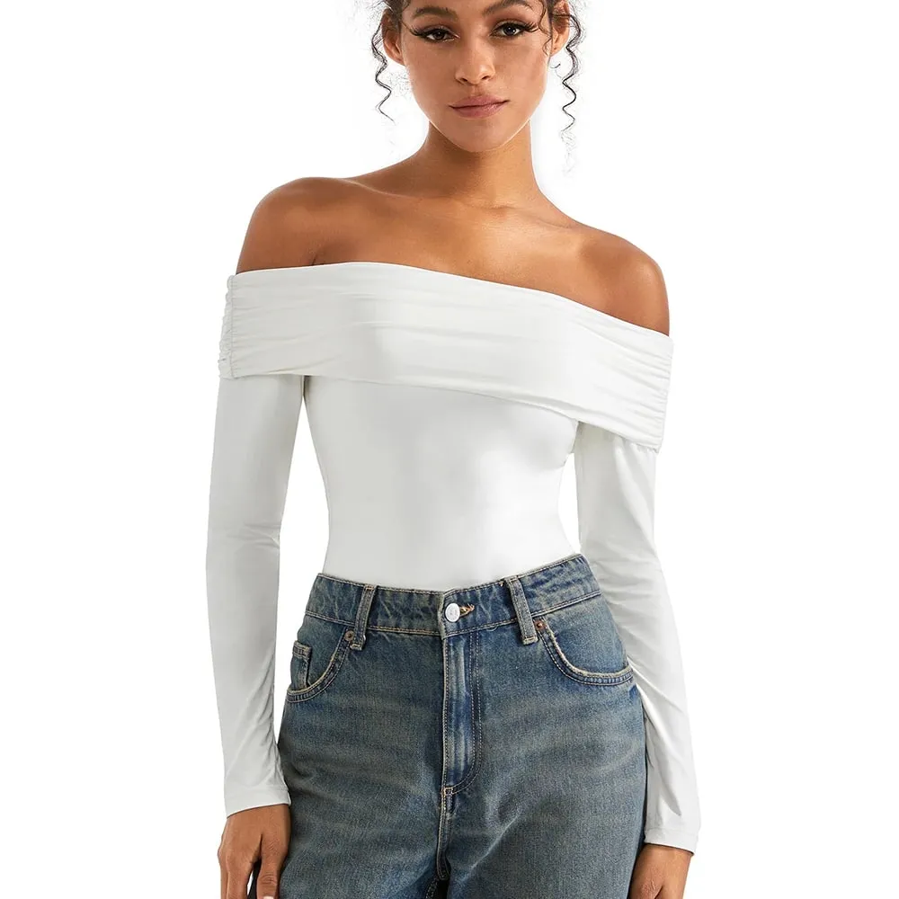 Basic Long Sleeve Bodysuit Blouse for Women Autumn Winter Slim Fit Off Shoulder Bodysuits Streetwear Y2K Bodycon Rompers Femme — image 3