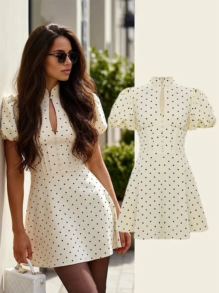 Retro Polka Dot Mini A-line Dress Elegant Stand Collar Puff Short Sleeve Waist-cinching Dresses 2026 New Lady Party Gowns — image 1