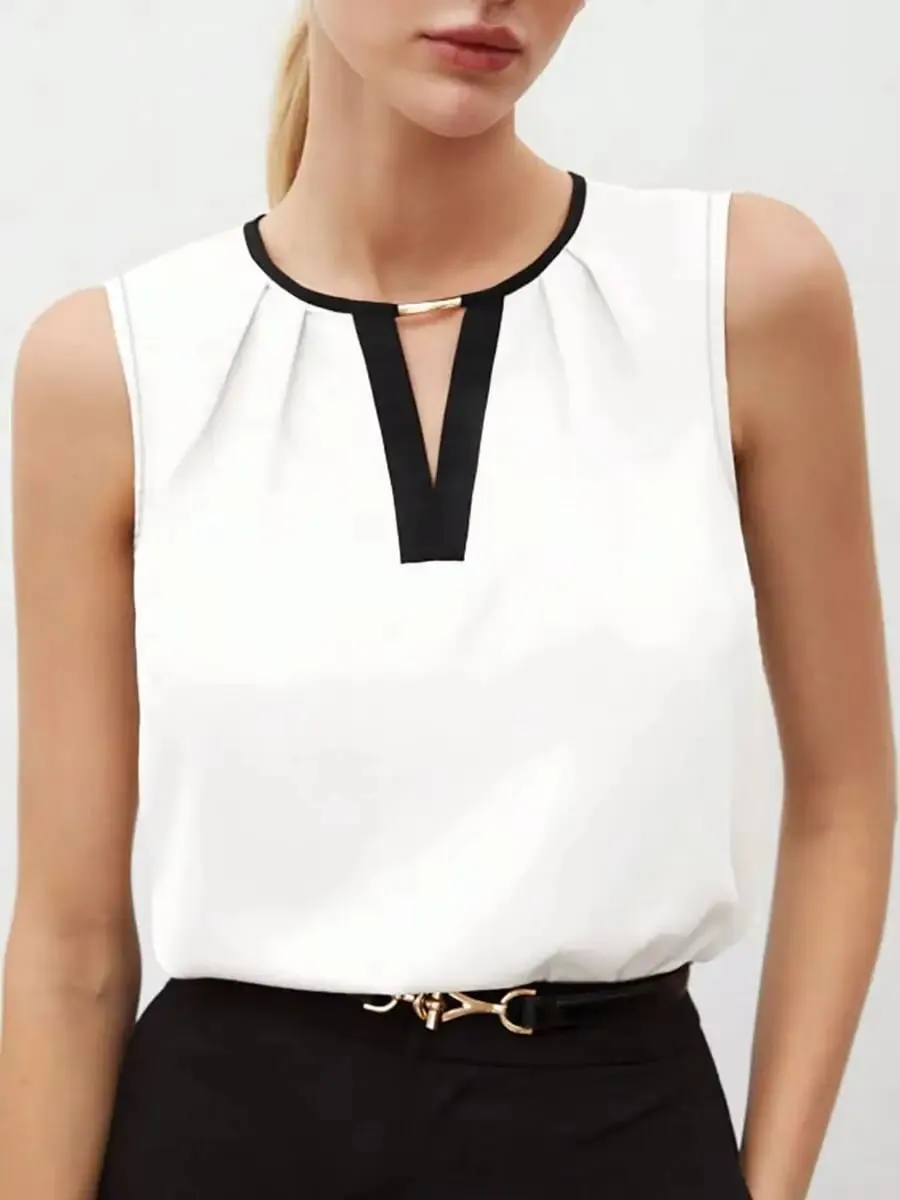 Women's Tank Top Spring Summer White Black Contrast Trim V Neck Sleeveless Loose Elegant Office Daily Work Top — image 2