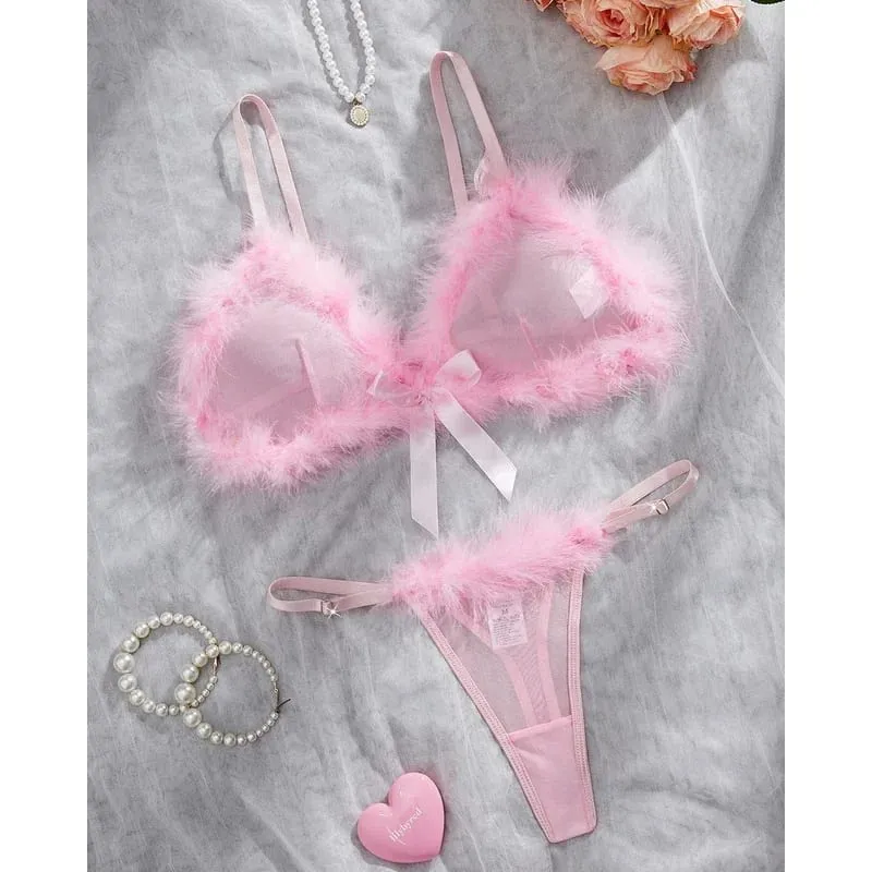 Valentine Lingeries Sexy Hot Cute Bra Hilitos 2PC Romantic Intimate Fluffy Decor Pure Desire Fantasy Women's Underwear — image 2