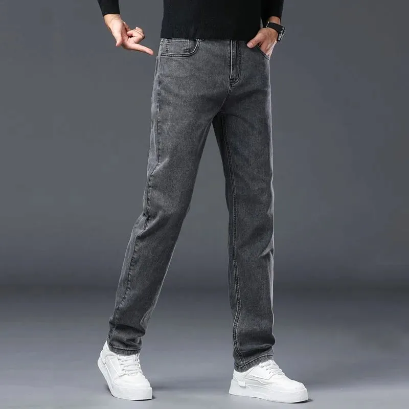 Men's Slim Jeans Korean Fashion Elastic Straight Casual Denim Pants Comfortable Work Male Spring Autumn Trousers Black Gray — image 4