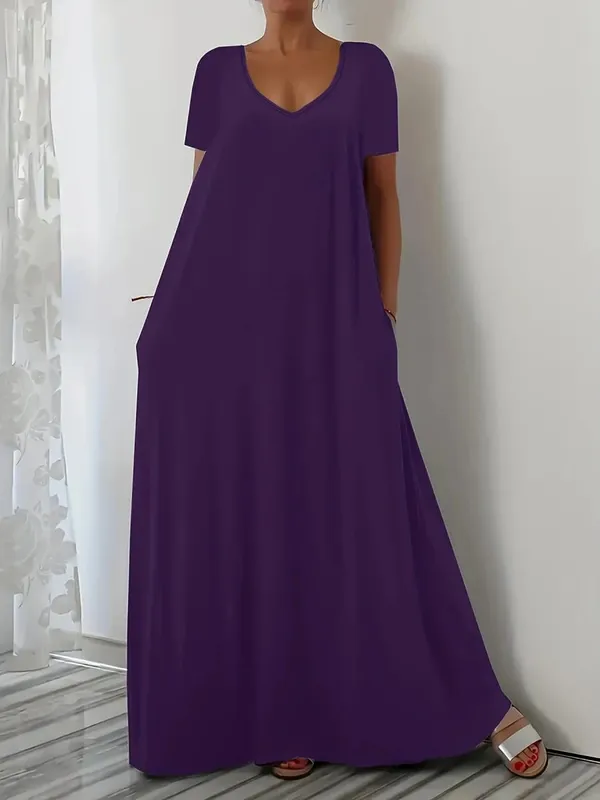 Plus Size Summer new long skirt casual loose short sleeved solid color V-neck plus size dress for women — image 2