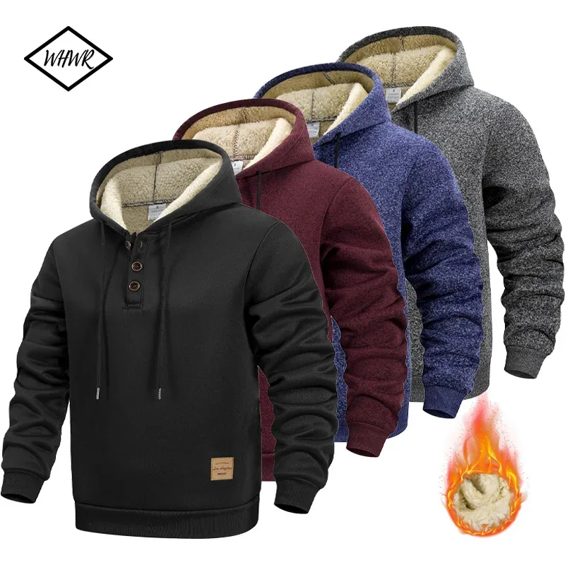 Men's Half Button Hoodie Thicken Winter Hooded Sweatshirts Retro Warm Fleece Knit Sweater Outdoor Running Sports Casual Pullover — image 2