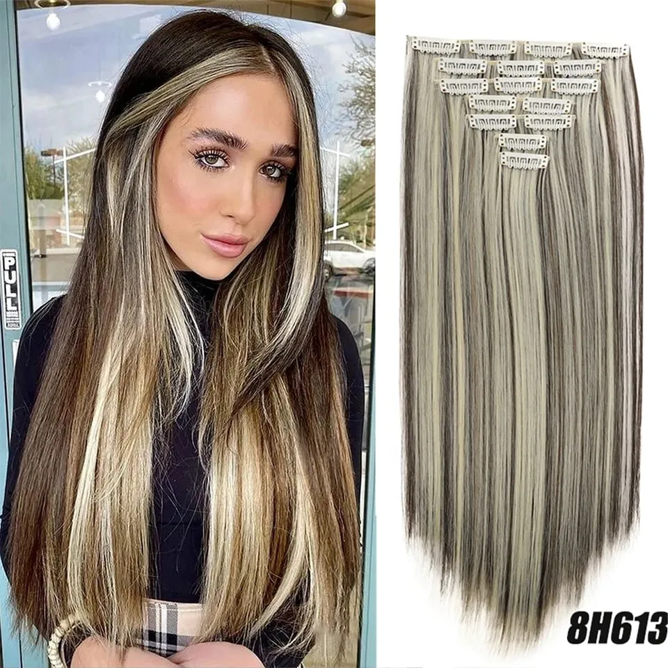 Synthetic 7-piece set with 16 card synthetic straight hair extensions suitable for women's daily party use — image 14