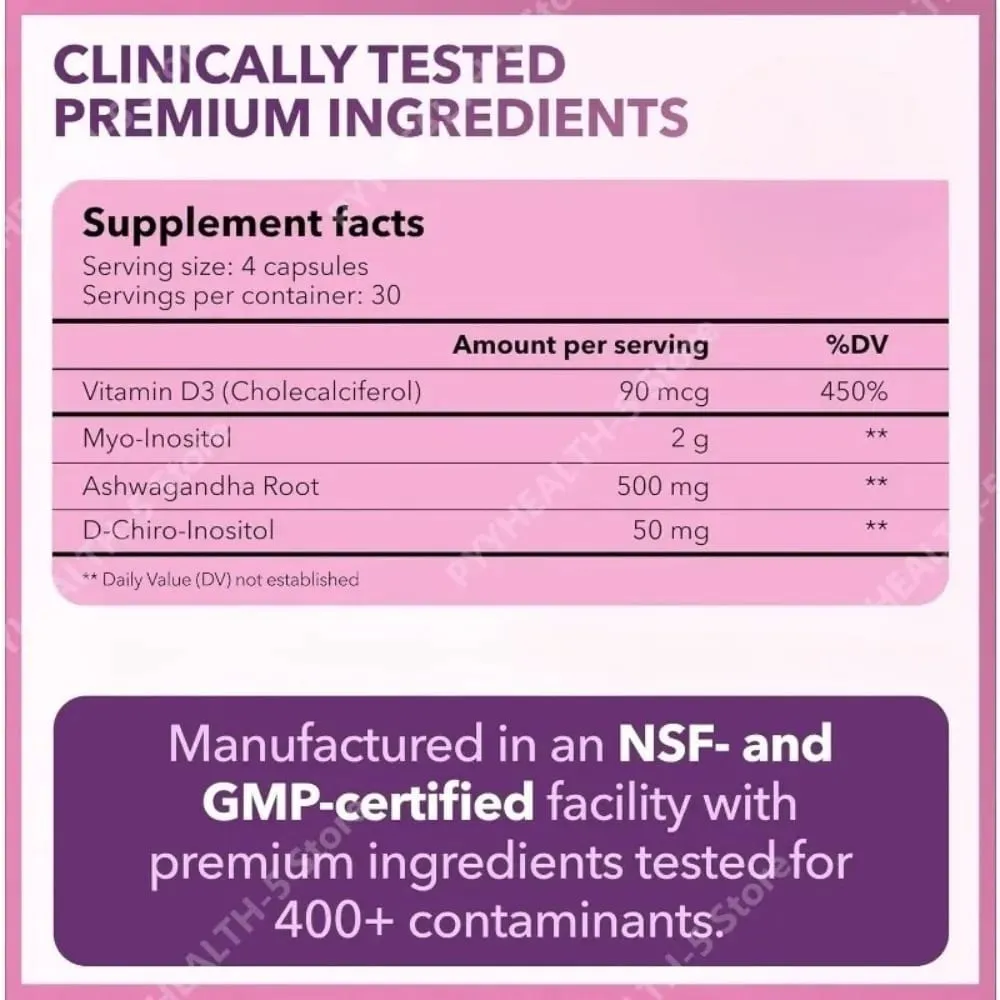 Cápsulas de Myo-Inositol e D-Chiro Inositol 40:1 Vitamina D3 Ashwagandha Suplemento diário de bem-estar com 120 contagens — image 7