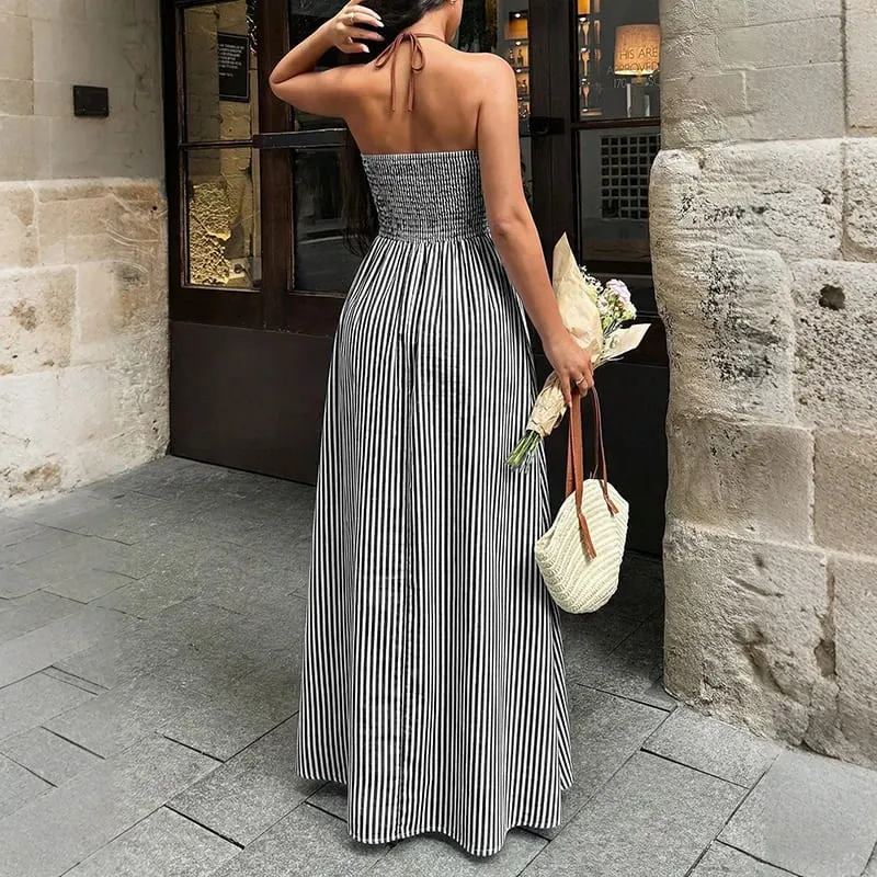 2026 Summer New Style Deep V-neck Striped Beach Dress Sexy Backless Sleeveless Neckline Long Dress — image 3