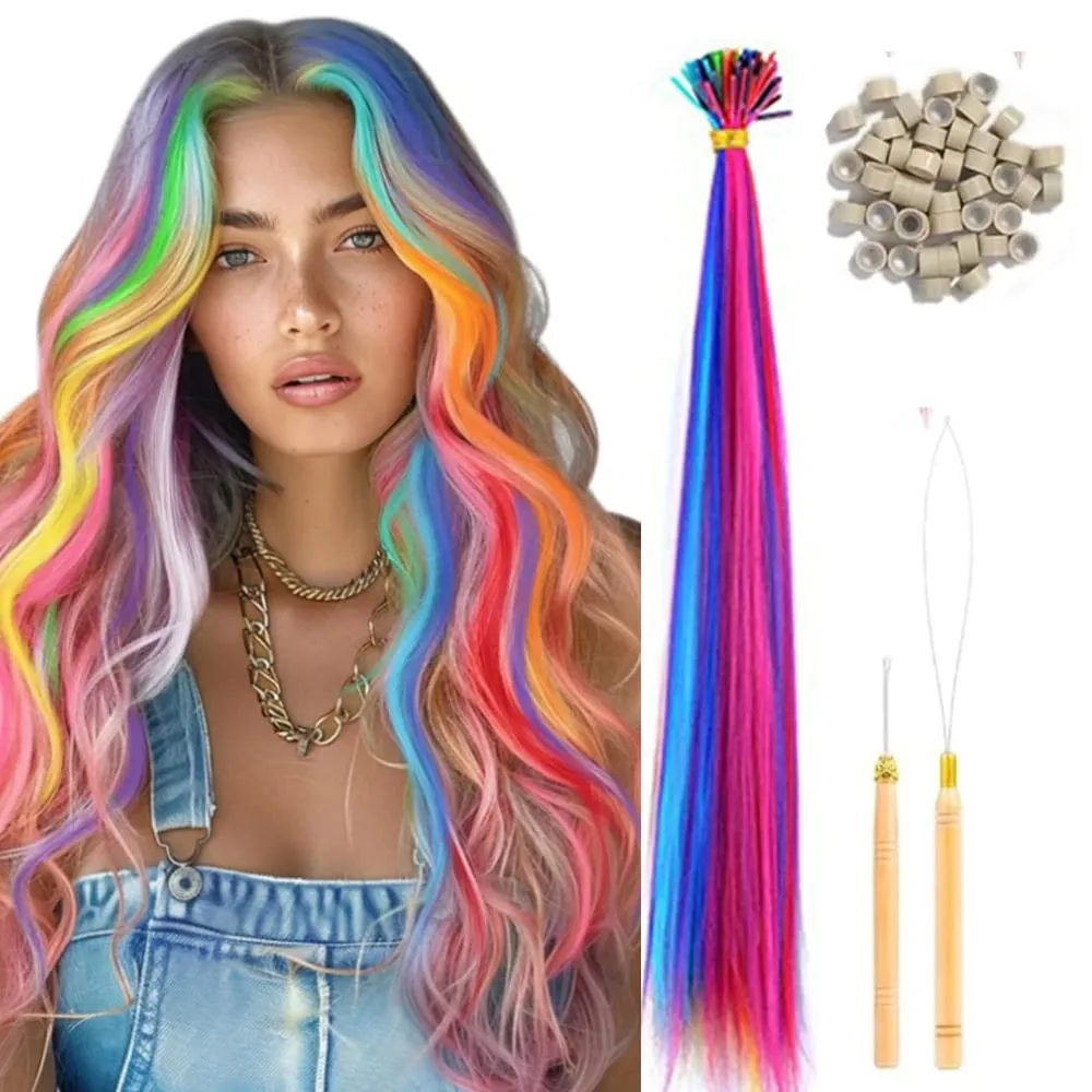 50 Pcs Hair Feathers with Hair Extension Tools Long Straight Synthetic Hair Feather Extensions Kit with Beads for Women Girls — image 8