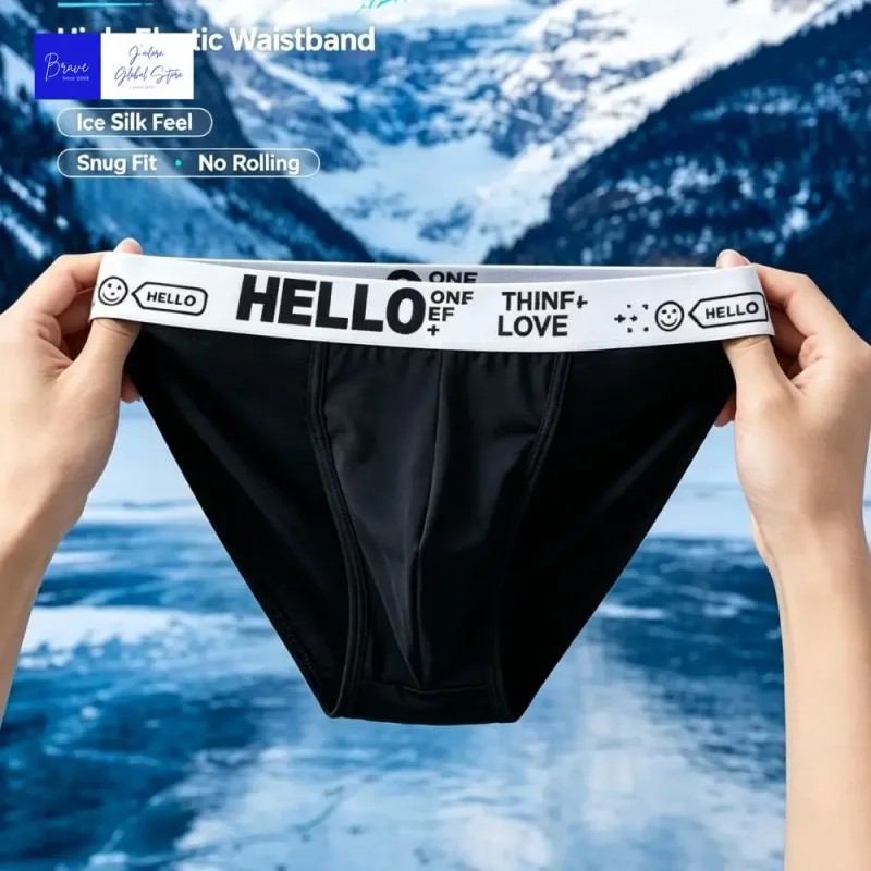 Men Trendy Ice Silk Bikini Briefs Hello Letter Print Moisture Wicking Breathable Athletic Underwear Stylish Cooling Underpants — image 8