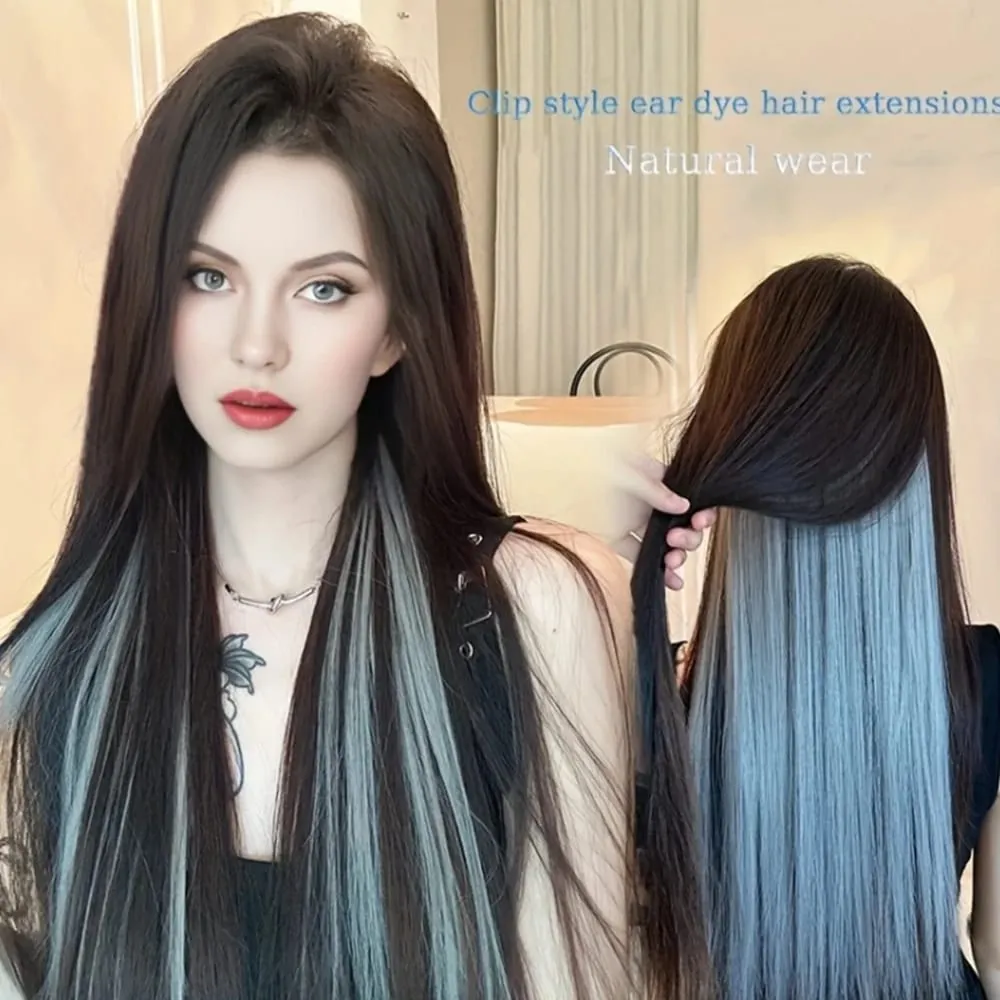 Synthetic Colored Highlighting Clip-in Hair Extensions Long Straight Ear-hanging Dyeing Wig Piece Color Thin Seamless Fake Hair — image 4
