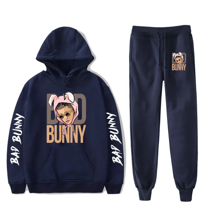Harajuku Comfortable Funny bad bunny Print Sweatshirt Sweatpants Suit Men/Women Hoodies+ Trousers Suit Cute 2 Piece Set Clothes — image 25