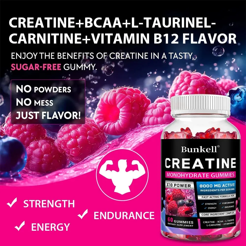 Creatine Monohydrate Gummies - 8000 Mg Pre/post Workout Fitness Strength Muscle Building Provide Energy Supplements