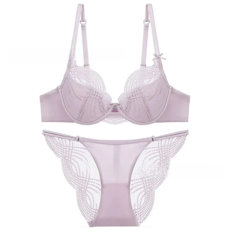 Hollow Thin Cup Women Lingerie Set Seamless Silk Satin Push Up Bra Set French Style Lace Embroidery Lingerie Women Intimates
