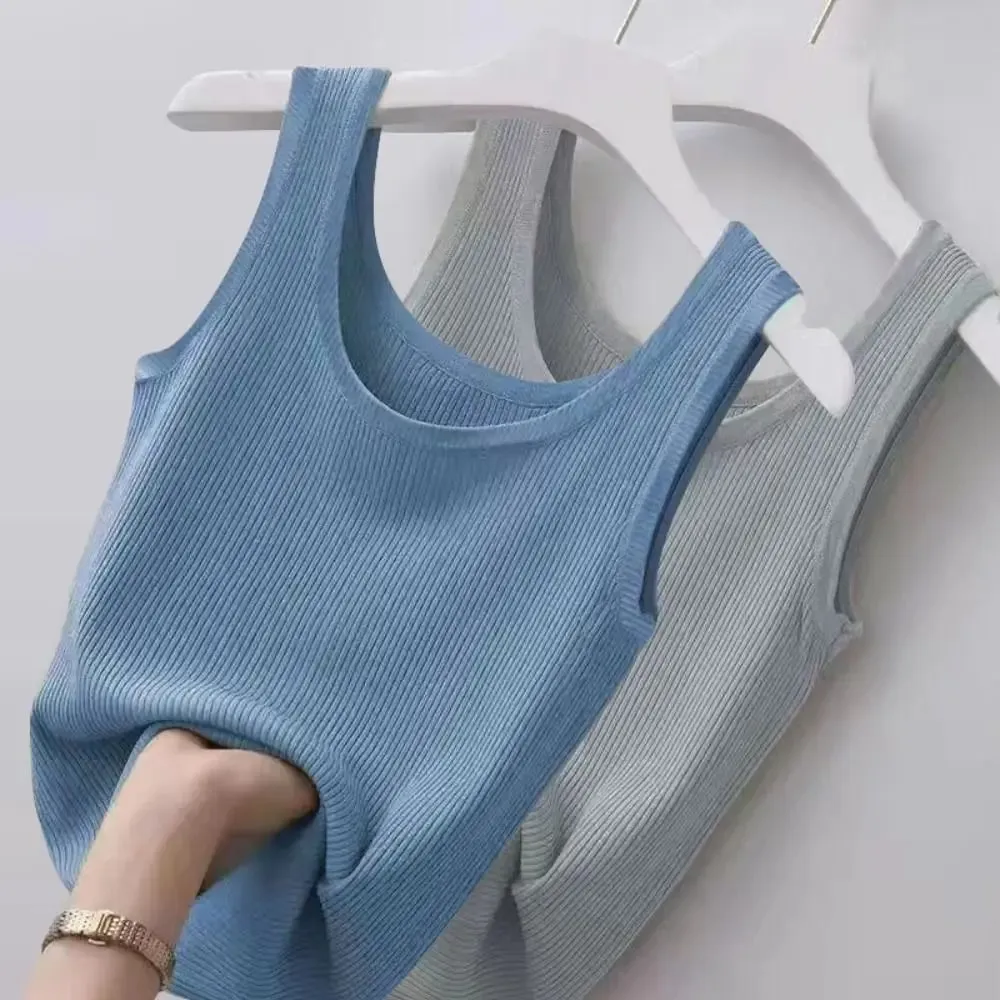 2024 Polyester Sexy Sleeveless Camisole Basic Top Solid Color Summer Camisole Streetwear Tees T-Shirt Spring Knitted Tank Women — image 8