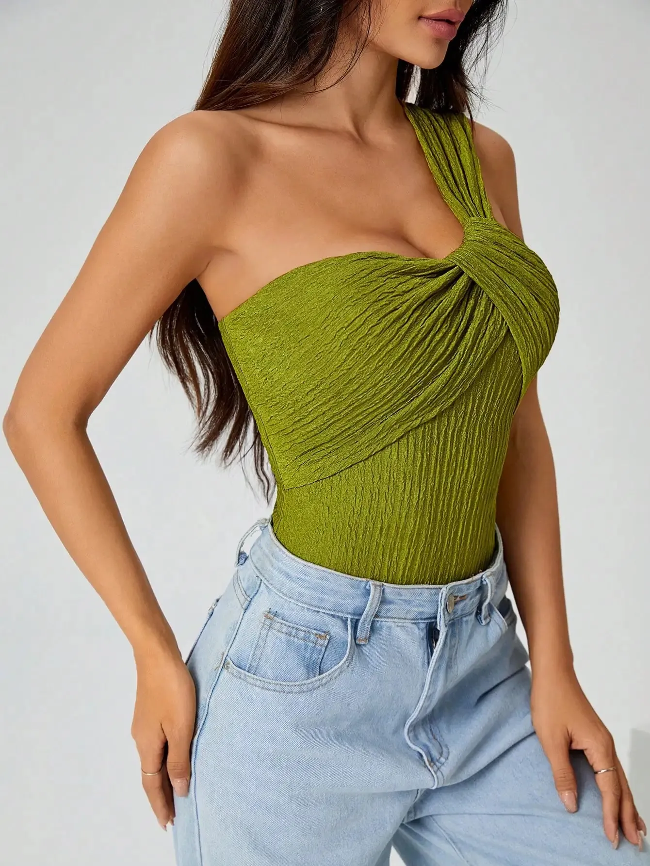 Women One Shoulder Twist Bodysuit Textured Crinkle Fabric Sleeveless Slim Fit Party Club Jumpsuit Top Green — image 3