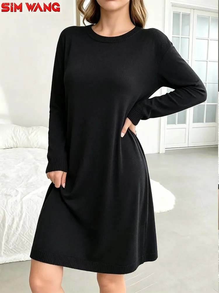Long-Sleeved Dress for Women. Loose Round-Neck Long-Style Solid-Color Basic Home-Style Casual Dress. — image 2