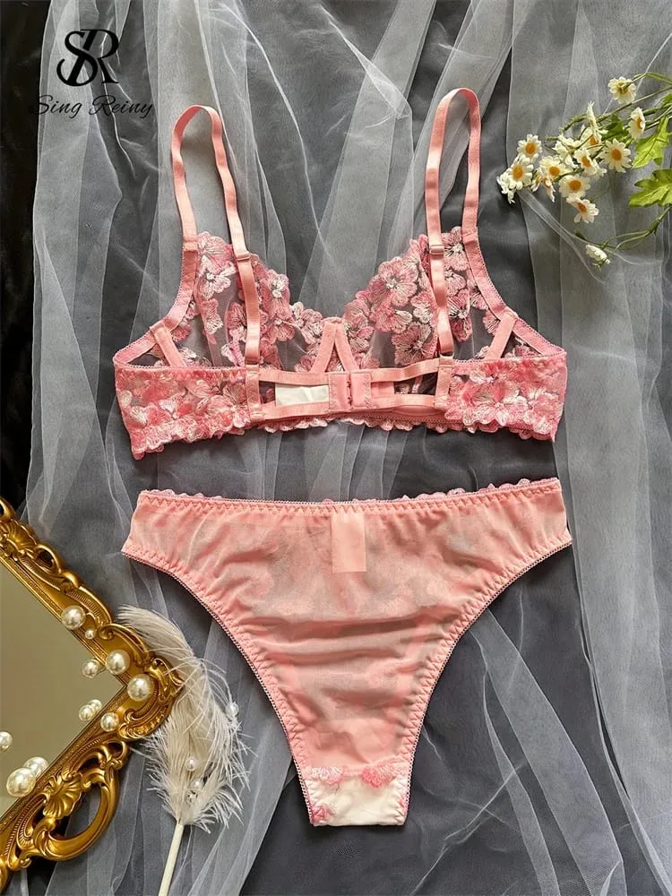 Mesh Sheer Lingerie Tweedelige Pakken Franse Bloemen Seusual Ondergoed Sets Vrouwen Borduren Sexy Bh & Slips Sets — image 3