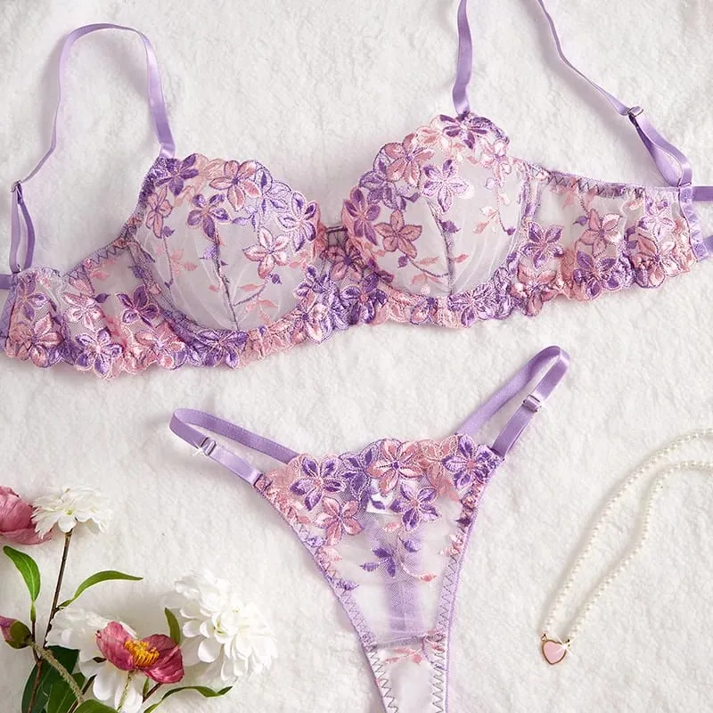 Purple Sexy Lingerie for Women Sets Lace Embroidery 2 Piece Underwear Set Sheer Mesh Bra and Panty Set with Underwire — image 2
