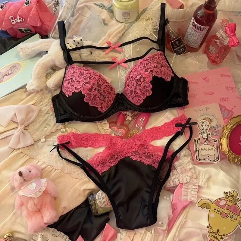 Sexy Lace Lingerie Set with Bow Spaghetti Straps & Steel Ring Uplift Bra for Women