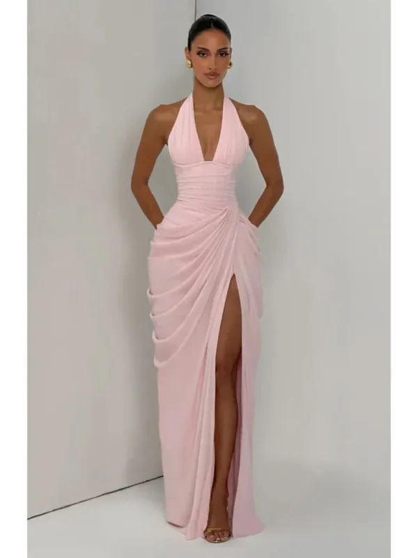Gaun Halter Berlipat Solid Fashion Wanita Gaun Maxi Belah Punggung Terbuka Tanpa Lengan Cinch Pinggang 2026 Gaun Pesta Wanita Musim Panas Seksi