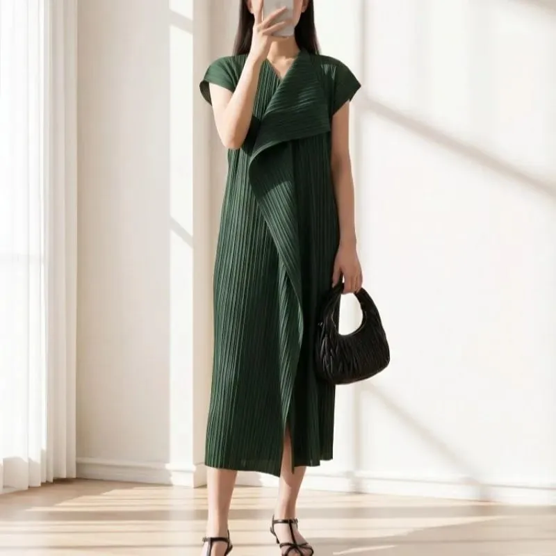 Miyake Pleated Dresses 2026 Summer New Sleeveless V-Neck Irregular Elastic Draped V-Neck Vest Elegant Women's Temperament Dress — image 3