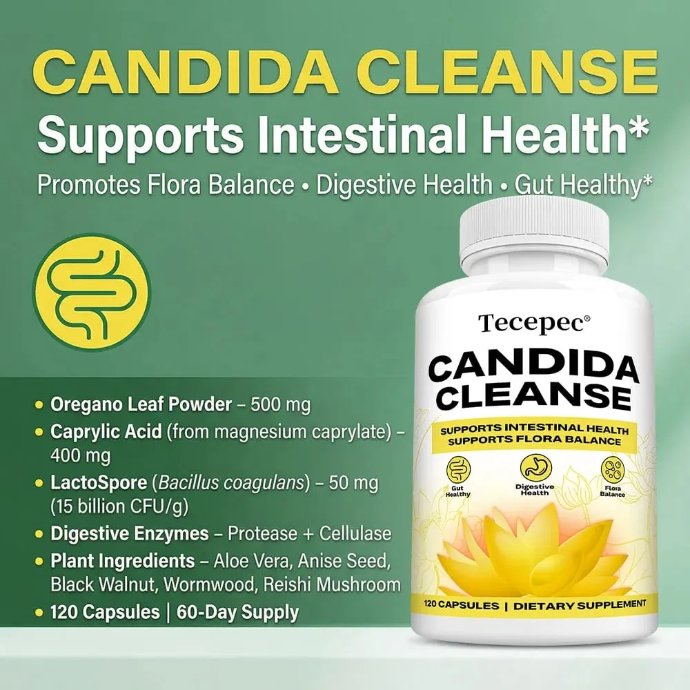 Cápsulas de limpeza de Candida - Desintoxicação do cólon intestinal, equilíbrio da flora intestinal, apoia a digestão, alivia o inchaço, suplemento antioxidante