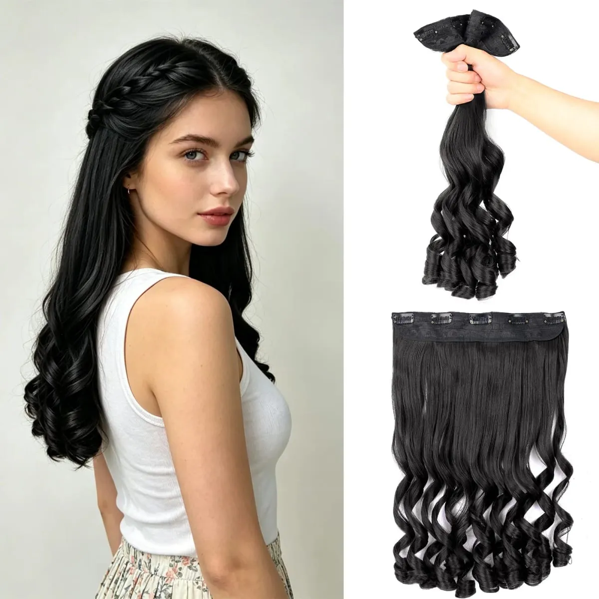 Synthetic Clip in One Piece Hair Extensions 5 Clips in one piece false hair 16inch French curl Style for women girls Daily Party — image 9
