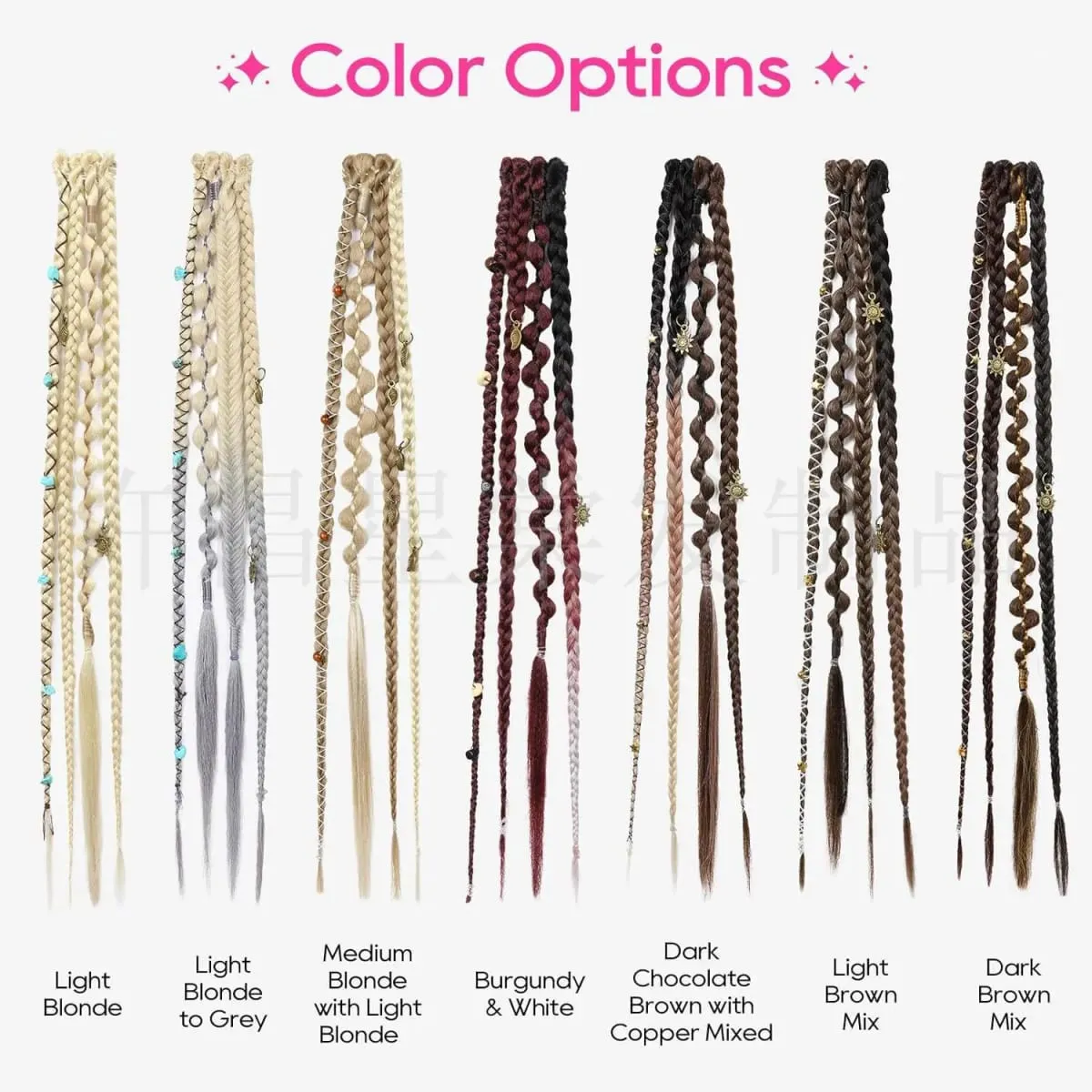 2PCS Synthetic 20Inch Bohemian Braided Ponytail Hair Extensions With Metal Charms Brown Mix Burgundy Handmade Box Braid Ponytail — image 3