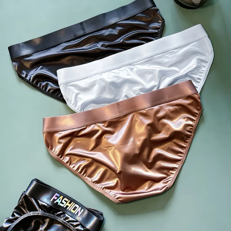 Men Glossy Satin-like Smooth Brief Ice-Silk Hip Wrap LargePouch Satin Silky Briefs Low Waist Gradient Letter Glossy Underwear — image 9