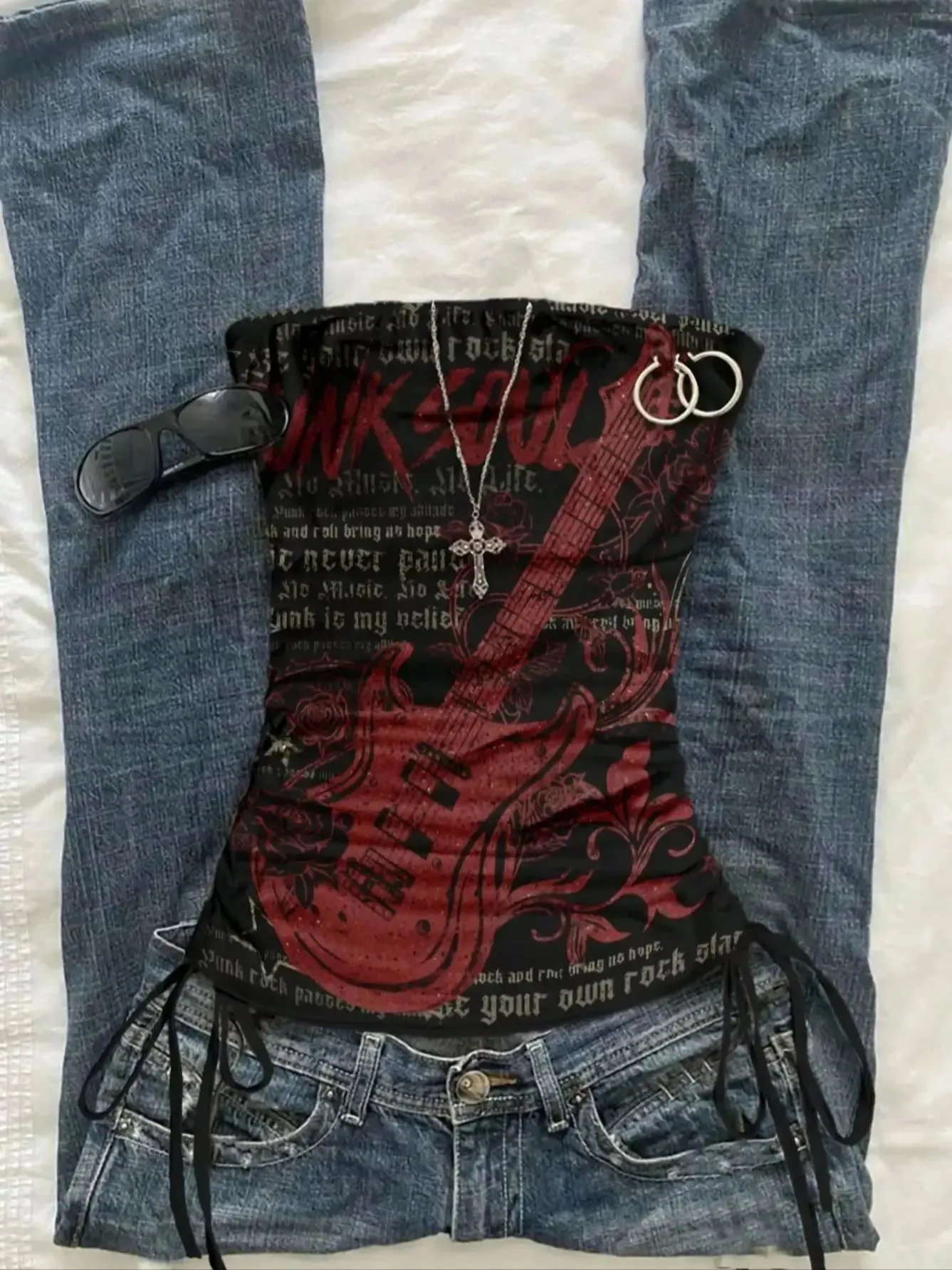 Women's Casual Retro Drawstring Front Cut Vest Suitable for Y2K and Guitar Prints in Spring and Summer