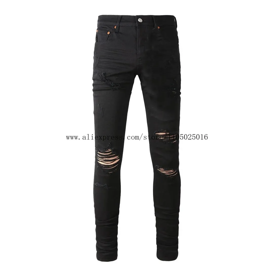 High Street Brand Men's Jeans American Distressed Coated Blank Stretch Skinny Button Fly Ripped Pants Trousers — image 3