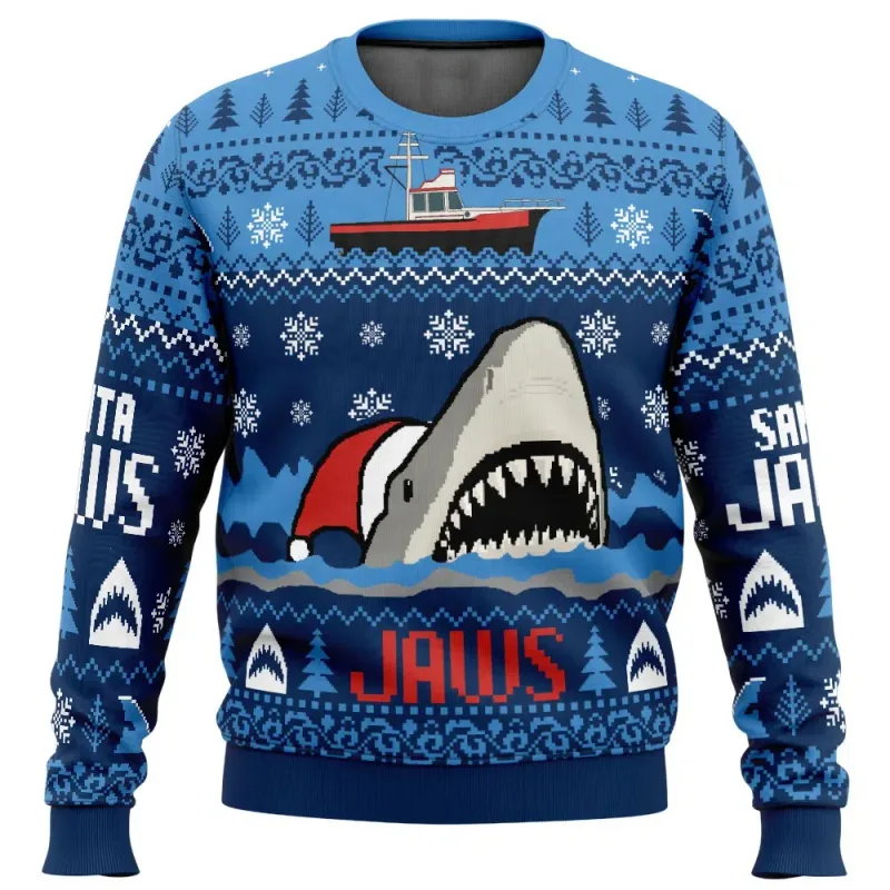 Santa Jaws Jaws Men's Crew Neck Ugly Christmas Sweatshirt Soft Comfy Stylish Relaxed-Fit Plus Size Long Sleeve Autumn Winter