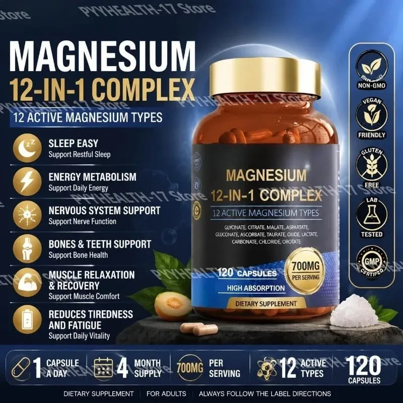 Magnesium 12-In-1 Complex Capsules for Sleep Support and Muscle Relaxation Nervous System & Heart Health 120 Capsules — image 2