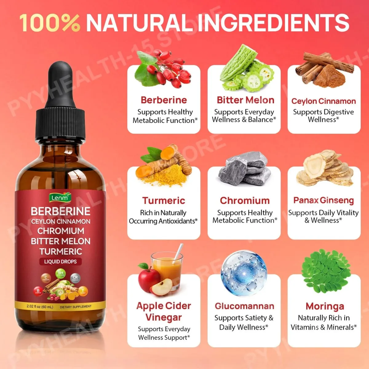 Lenm Berberine Liquid Drops with Ceylon Cinnamon Chromium Bitter Melon Turmeric for Metabolic Wellness Support 60ml 30 Servings — image 4
