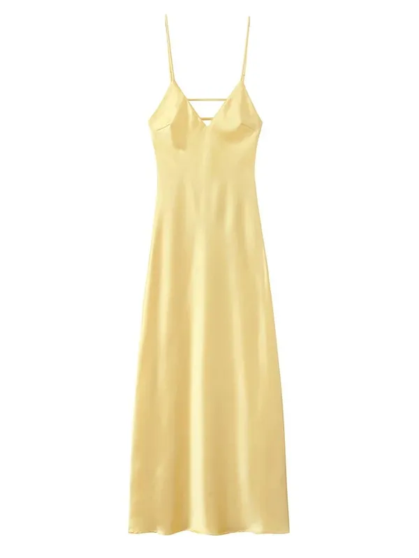 Elegant Women's Backless Yellow Satin Dresses Cross-back Design Long Slim Fit A-line Summer Dress 2026 New Vacation Travel Gowns