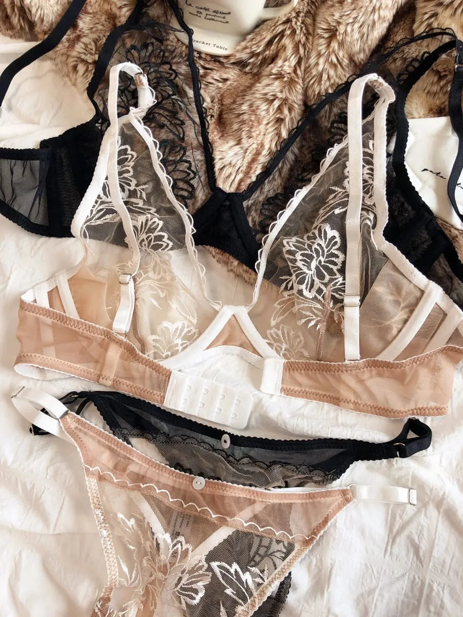 French Sexy Ultra Thin Women Underwear Deep V Push Up Bra Romantic Lace Flowers Embroidery Lingerie Wire Free Bra and Thong Sets — image 2