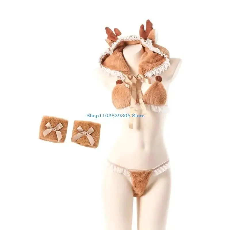400A 4Pcs Anime Lingerie Set Deer Cosplay Lingerie Costume Cap Wrist Cuffs Bra Top