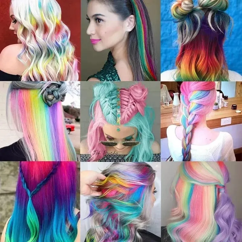 2026 Colored Highlight Hair Extensions 22 Inch Synthetic Rainbow Long Straight Hairpieces Purple Pink Blue for Women Girls Kids — image 6
