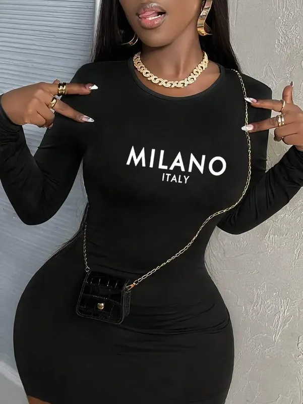 Womens Long Sleeve Bodycon Dress Casual Slogan Graphic Spring/Summer & Autumn/Winter Chic Style