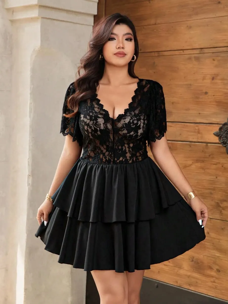 Elegant Lace Hollow Patchwork Cake Dress Plus Size Women's Dress Summer Vintage Ruffle Hem Party Evening Gown — image 2